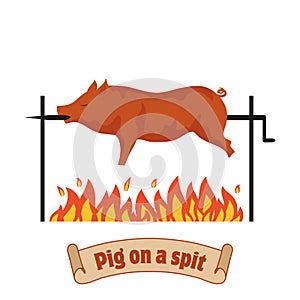 Grilled pig. Pig on spit. Roasting piglet. BBQ pork.