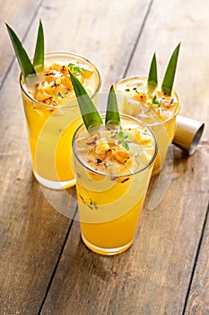 Grilled pineapple cocktail or mocktail garnished with pineapple leaves