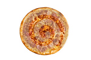 Grilled pizza with cheese and thin platter of smoked sausage