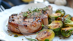 Grilled pork chops with brussels sprouts and thyme