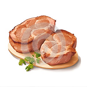 grilled pork chops with coriander on white background , close up