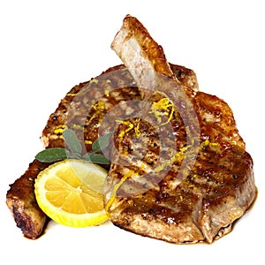 Grilled Pork Chops with Sage and Lemon over white