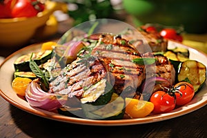 grilled pork chops served with colorful summer vegetables