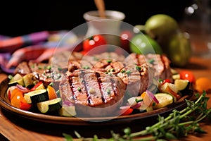 grilled pork chops served with colorful summer vegetables