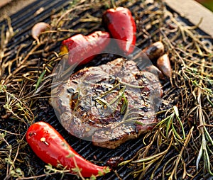 Grilled pork neck with aromatic herbs, garlic and chili peppers on a cast iron grill