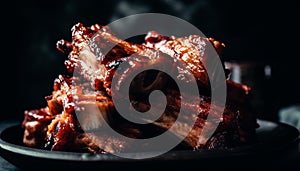 Grilled pork rib on plate, savory sauce drizzled generated by AI
