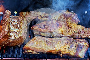 Grilled pork ribs on the grill.