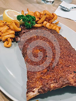 Grilled pork ribs with spicy bbq sauce served with french fries