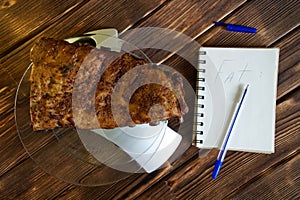 Grilled pork ribs in a transparent plate on a kitchen scale. Counting calories, proteins, fats and carbohydrates in food. Diet