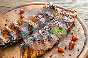 Grilled pork ribs on the wooden board