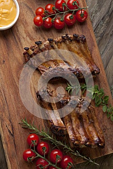 Grilled Pork Ribs On Wooden Board