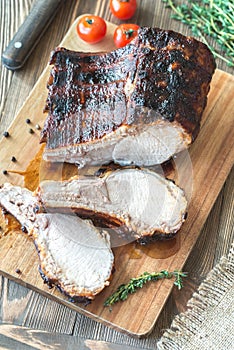 Grilled pork ribs on the wooden board