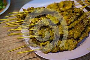 Grilled pork satay with skewer on dish