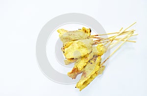 Grilled pork satay stabbing in wooden stick Indonesian food on white background