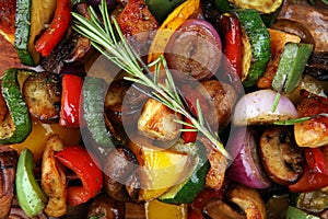 Grilled pork shish or kebab on skewers with vegetables . Food background shashlik