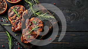 Grilled pork steak with spices on dark background.