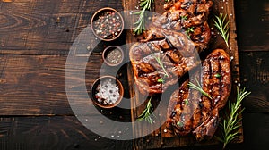 Grilled pork steak with spices on dark background.