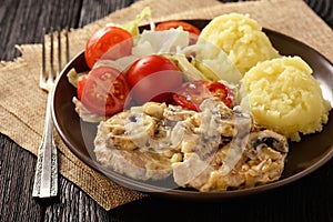 Grilled pork tenderloin with bechamel sauce, mushrooms and mashed potatoes.