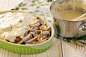 Grilled pork tenderloin with bechamel sauce, mushrooms and mashed potatoes. Cooking process.