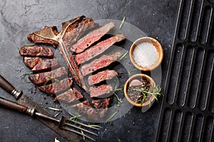 Grilled porterhouse beef steak. Sliced T-bone