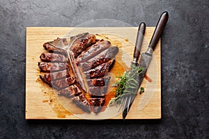 Grilled porterhouse beef steak. Sliced T-bone