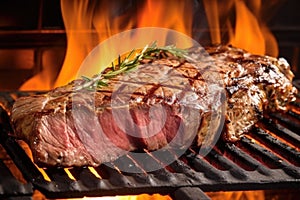 grilled porterhouse steak with charring edges in flames