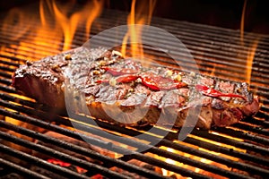 grilled porterhouse steak with charring edges in flames