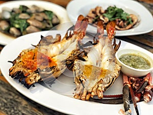 Grilled prawns,Grilled fresh big shrimp with spicy sauce Thai Food