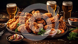 Grilled pub food, fried chicken, beer glass, rustic celebration generated by AI