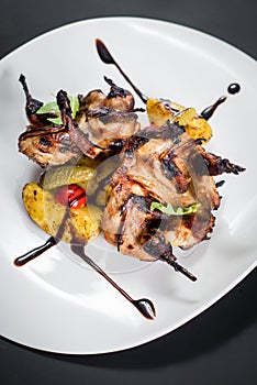 Grilled quail meat with vegetables on black background