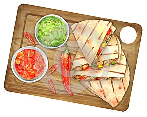 Grilled quesadillas on wooden board with salsa and guacamole