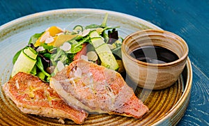 Grilled Red Snapper fish fillets and fresh vegetable salad