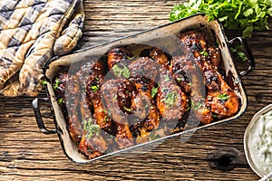 Grilled roasted and barbecue chicken legs in pan