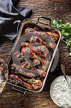 Grilled roasted and barbecue chicken legs in pan