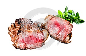 Grilled rump marble Beef steak. Isolated on white background. Top view.