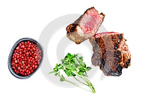 Grilled rump marble Beef steak. Isolated on white background. Top view.