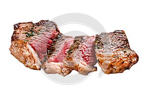 Grilled rump steak with potato, beef meat. Isolated on white background. Top view.