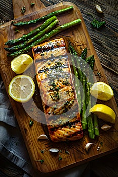 Grilled salmon with asparagus, lemons, and garlic on a wooden board