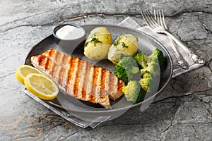 Grilled salmon, boiled potatoes, broccoli and cream sauce in a plate. Horizontal