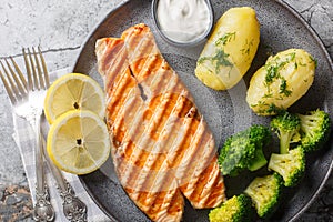Grilled salmon, boiled potatoes, broccoli and cream sauce in a plate. Horizontal top view