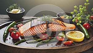 Grilled salmon filet steak with grilled vegetables. Healthy food, high protein and omega 3