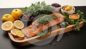 Grilled salmon fillet, fresh salad, healthy gourmet meal generated by AI