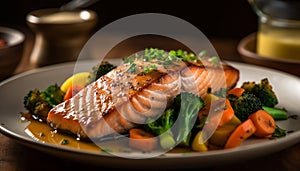 Grilled salmon fillet with fresh vegetables, a healthy gourmet meal generated by AI