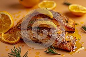 Grilled Salmon Fillet with Lemon Slices and Fresh Herbs on a Warm Toned Background for Gourmet Seafood Cuisine