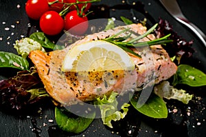 Grilled salmon fillet with salad on black slate plate