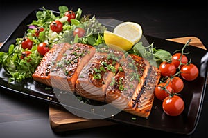 Grilled salmon fillet served with a tomato and sesame salad