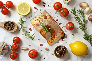 Grilled salmon fillet with spices and fresh herbs. Top view of healthy seafood dish surrounded by cherry tomatoes