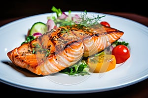 Grilled salmon fillet with vegetables on white plate, closeup, Grilled salmon fillet with vegetables on a white plate closeup, AI