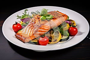 Grilled salmon fillet with vegetables on a white plate on a dark wooden background, Grilled salmon fillet with vegetables on a