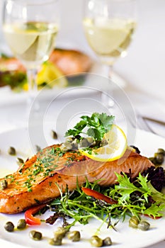 Grilled Salmon Fillet With Vegetables And A White Wine